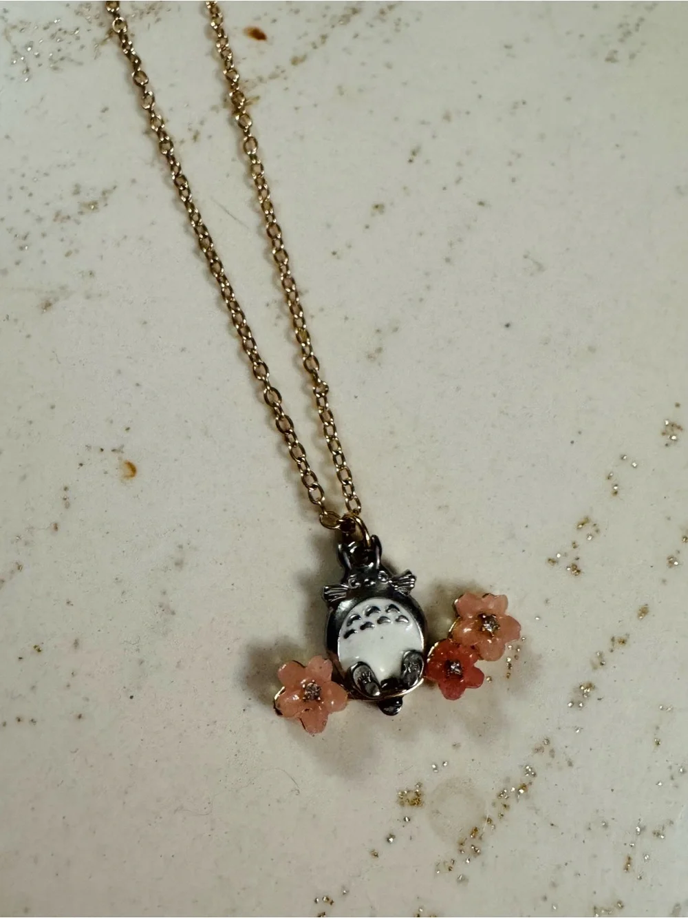My Neighbor Totoro Pendant Necklace with Pink Flower Accents, gold chain